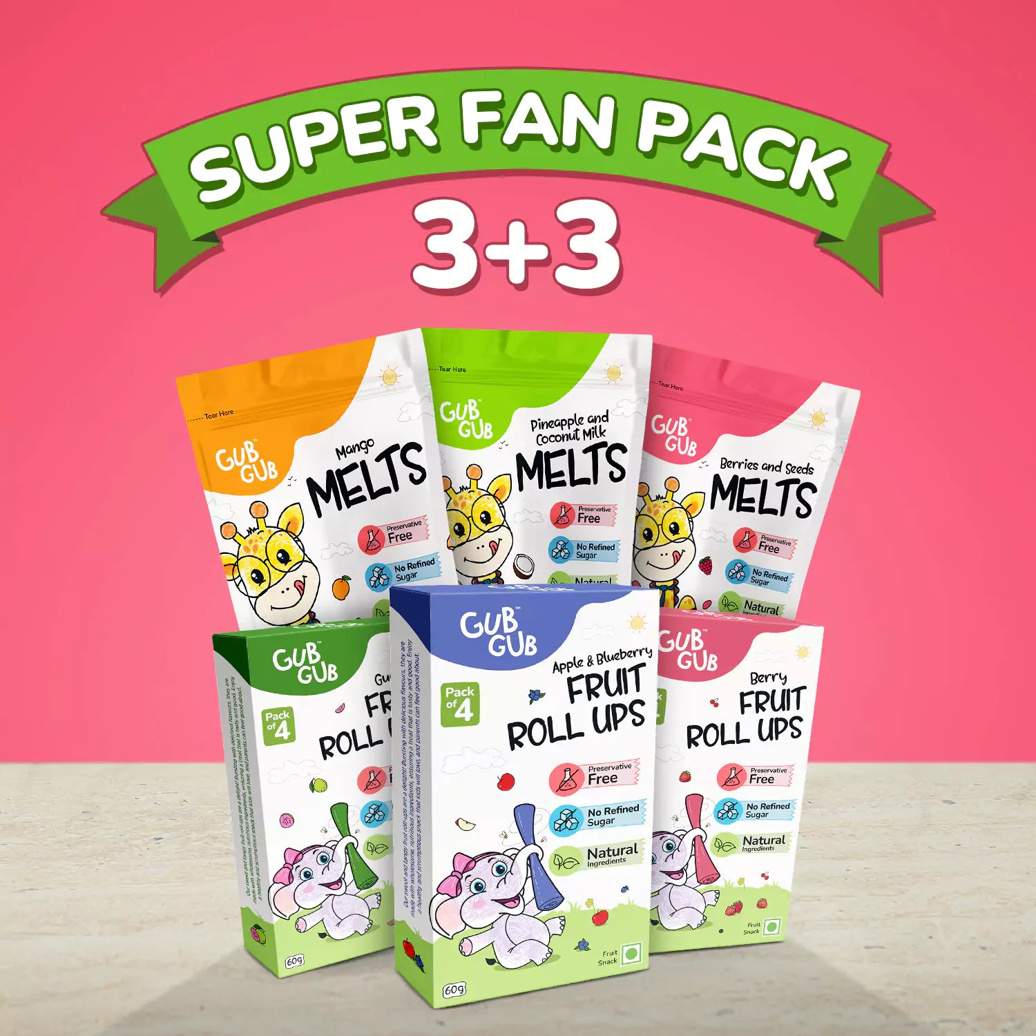 GubGub Super Fan - Pack of 6 (3 Fruit Roll Ups + 3 Fruit Melts)